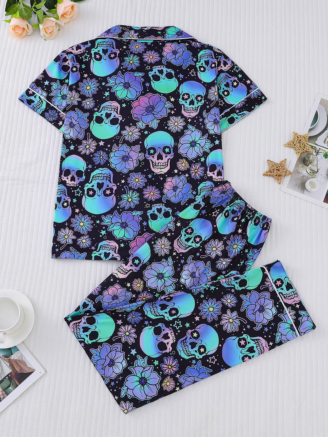 Purple Skull Collar Short and Long Women\'s Printed Pajama Set Short Sleeve Top and Loose Pants Comfortable Women\'s Pajamas