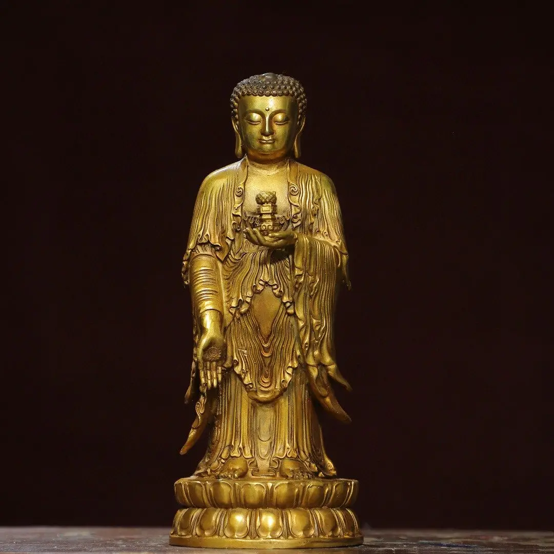 Vintage Gilt Pure Copper Standing Shakyamuni Amitabha Buddha Statue Antique Bronze Buddhist Figurine Home Altar Worship Decor Re