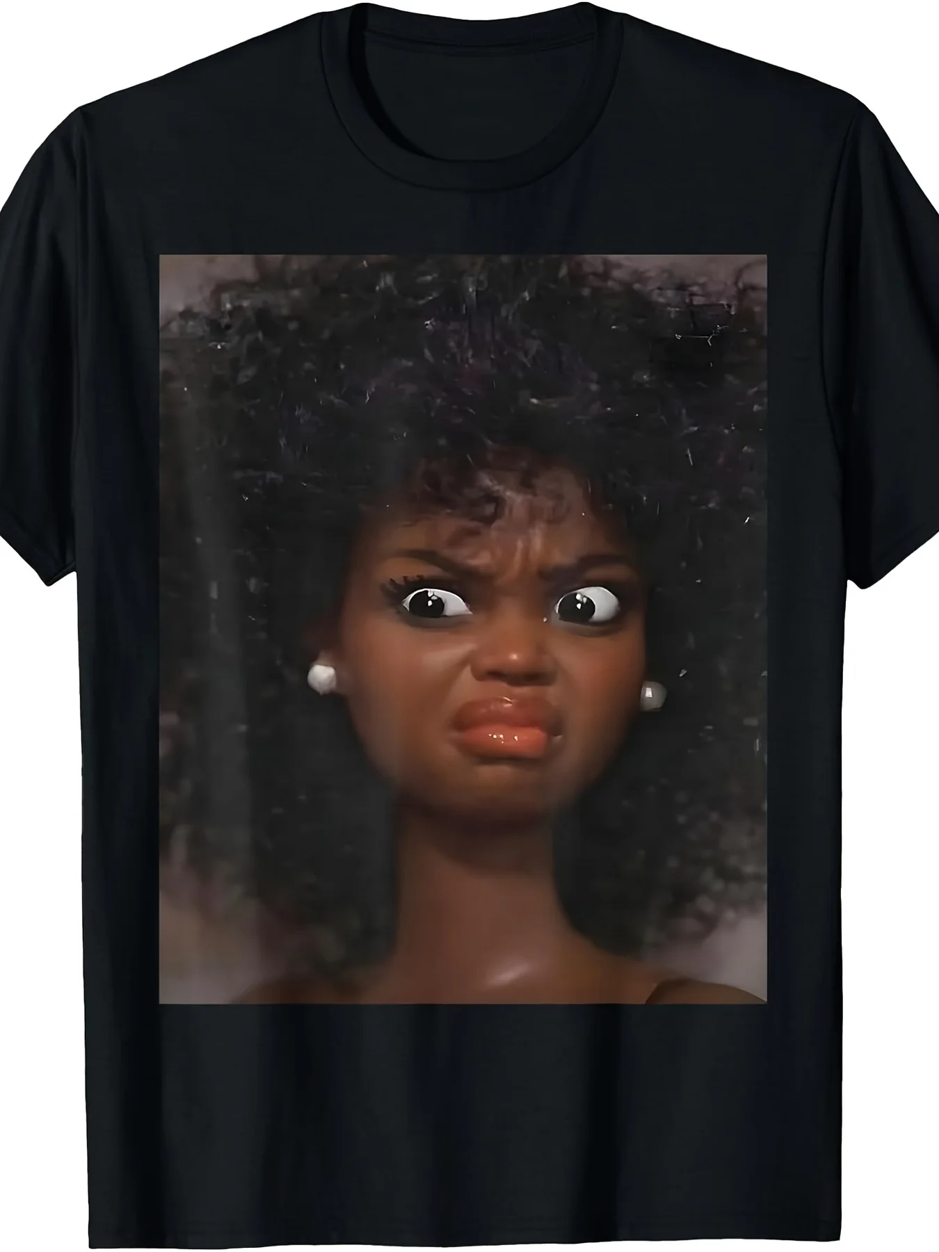 Teen Funny Annoyed Doll Face T-Shirt with Pearl Earrings - Short Sleeve Casual Round Neck Top, Suitable for, Casual Attire  Themed Parties -  Random Print (Black), for Teenager