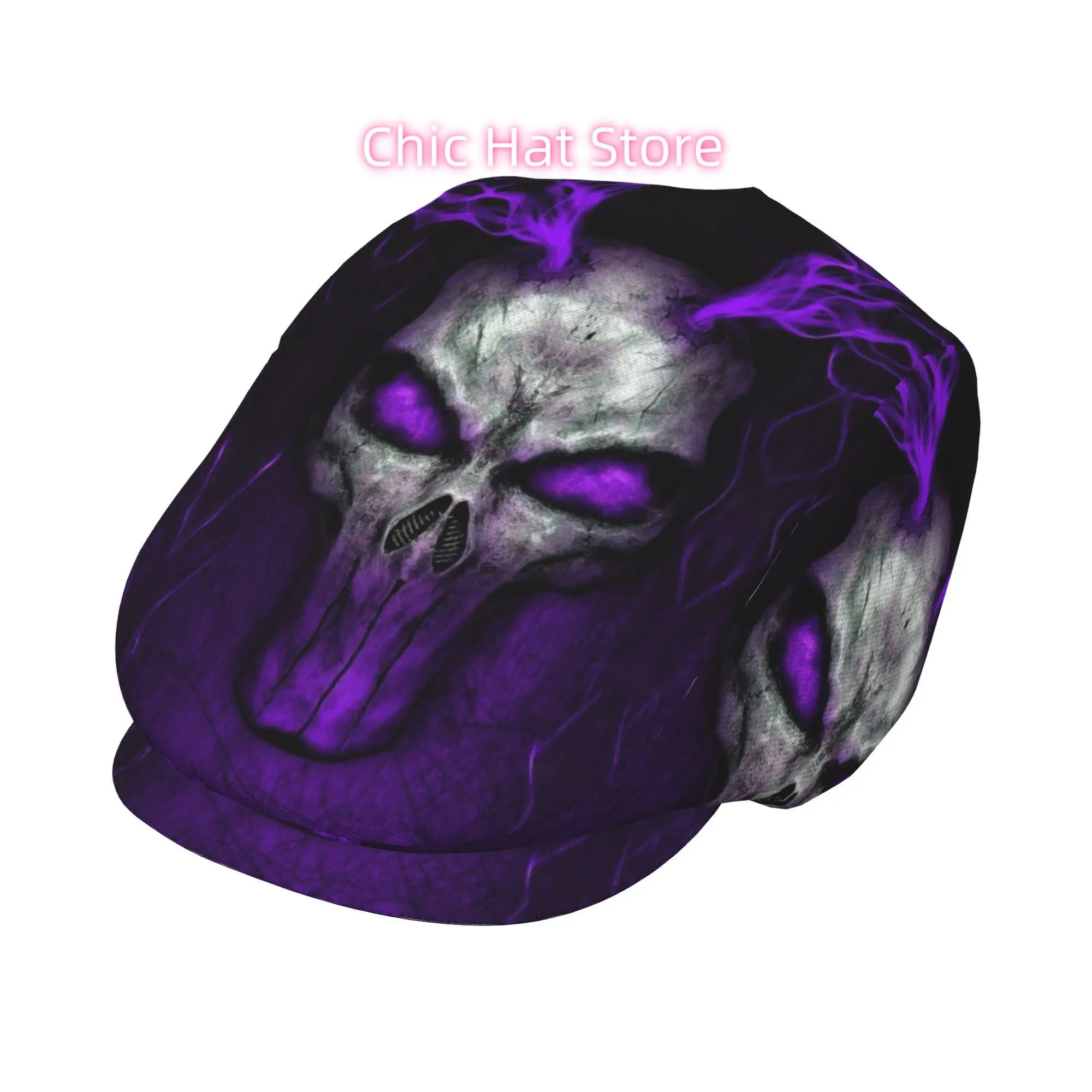 1pc Purple Glow Skull Lightning Art All-Over Print Flat-Top Hat for Men And Women, Newsboy Cap, Beret, Irish Hat, Driver Cap, Re