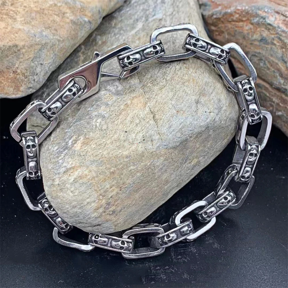 Gothic Punk Skull Bracelet Viking Curb Cuba Chain Bangle Men Women Never Fade Stainless Steel Biker Wristband Charm Jewelry Gift