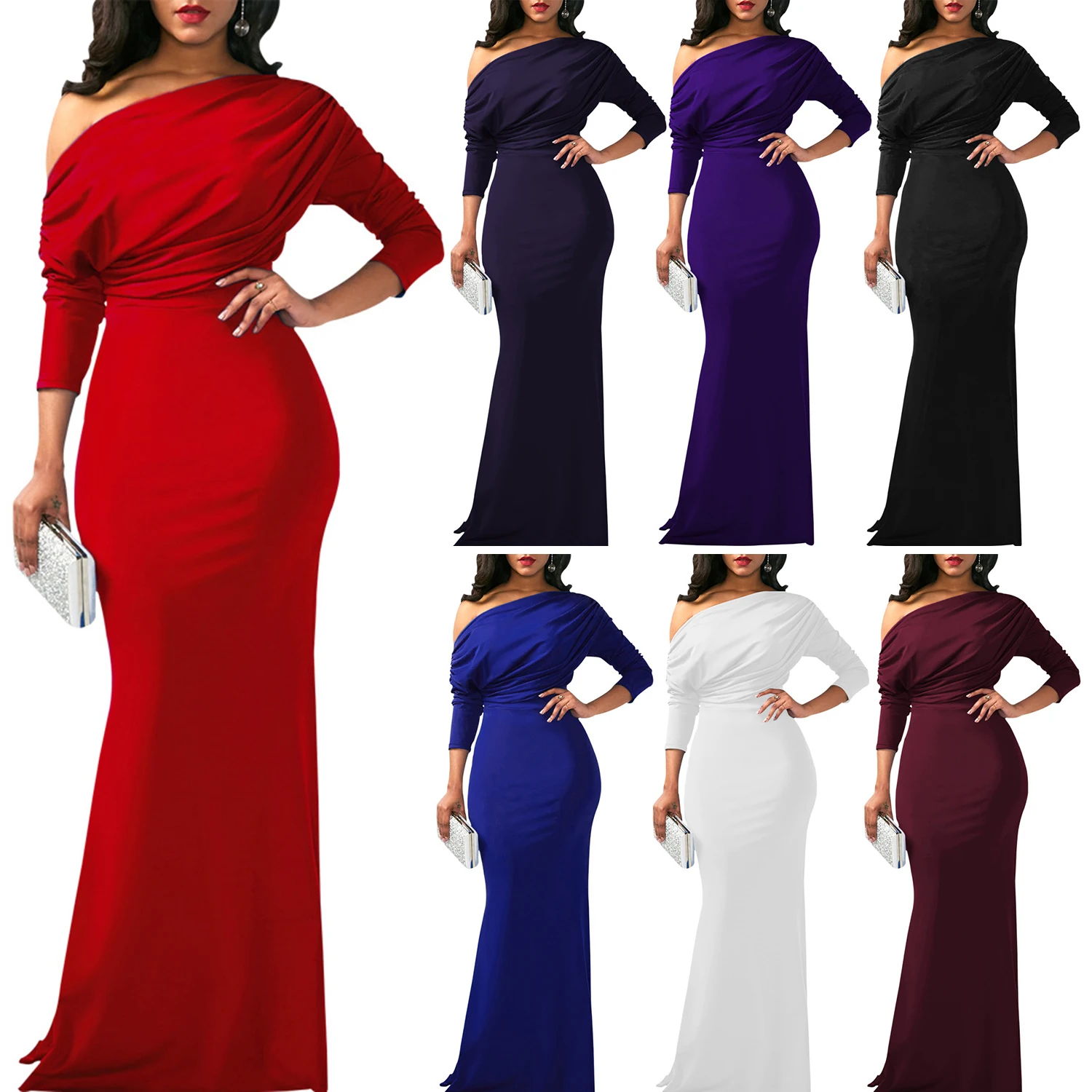 

Women Oblique Shoulder 3/4 Sleeve Slim Folds Long Dress Elegant Evening Party Floor Length Dresses Vestido de festa