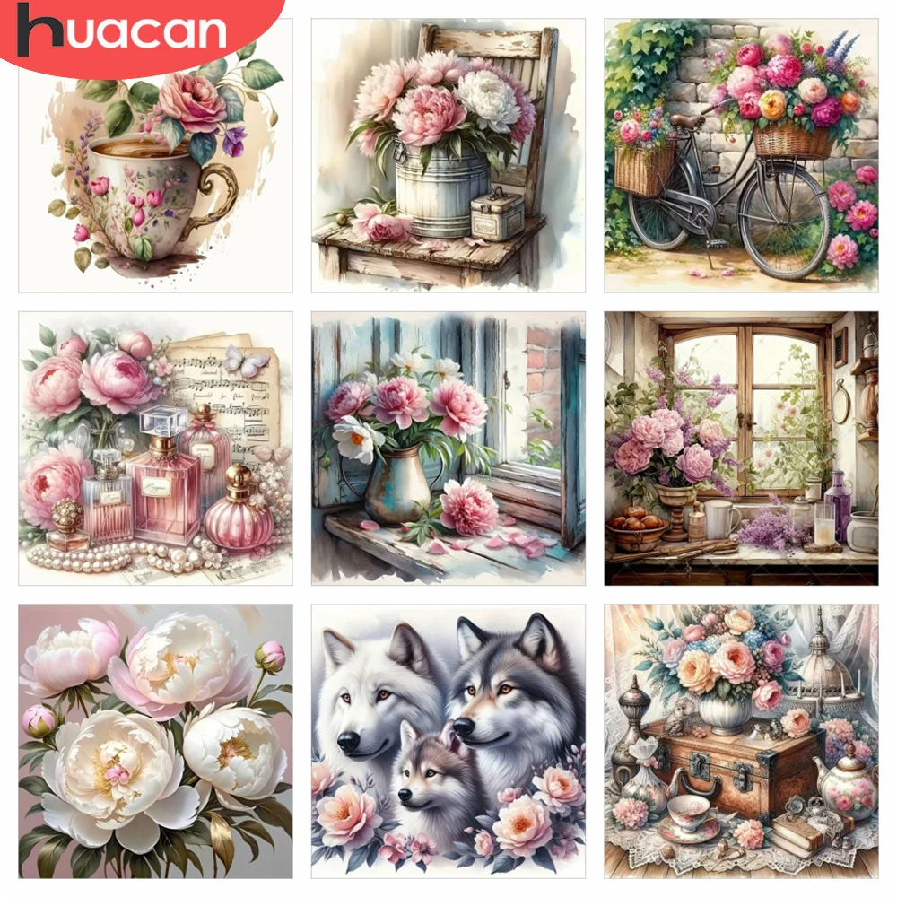 HUACAN 5D DIY Diamantmalerei Pfingstrose Blumen-Mosaik Handarbeiten Diamantkunst-Sets Florale Raumdekoration Wandkunst Komplett-Sets