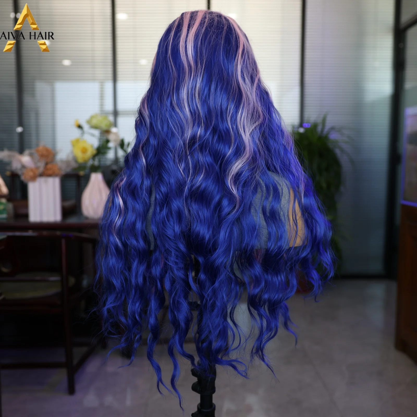 Peluca de encaje sintético de 24 pulgadas, pelucas onduladas de colores mezclados en rosa y azul, peluca de Cosplay de moda para mujer, línea de cabello Natural de 180 de densidad