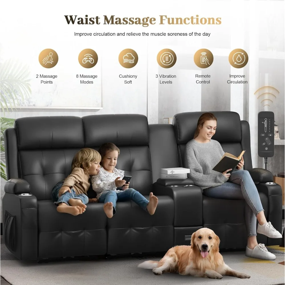 Recliner Sofa, Massage Reclining 3 Seater Sofa Sets Heavy Weight Capacity, RV Loveseat Couch Clearance with Console, USB