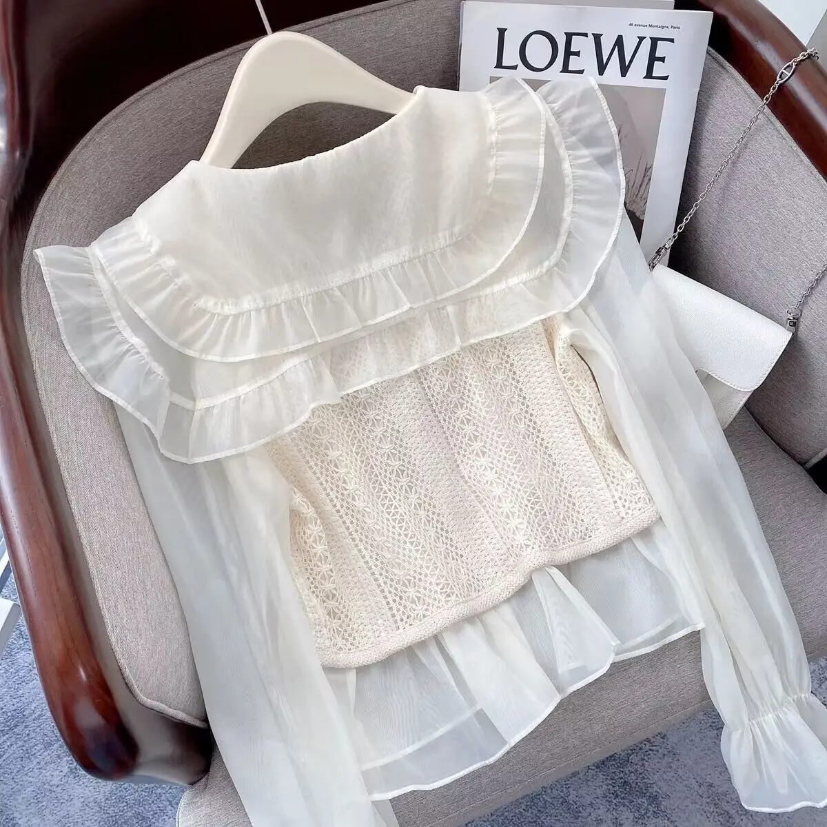 Spring and Autumn Sweet Double Layer Lace Doll Neck Shirt Women\'s Chiffon Long Sleeve Fake Two Piece Splicing Vest Top