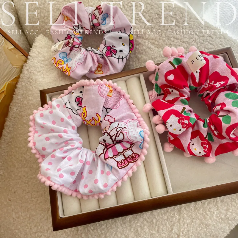 Kawaii HelloKitty ลายสก๊อตสีแดงขนาดใหญ่ลําไส้ผมสาวหวานหัวใจอะนิเมะแฟชั่นเด็กเชือกผมยางอุปกรณ์เสริม