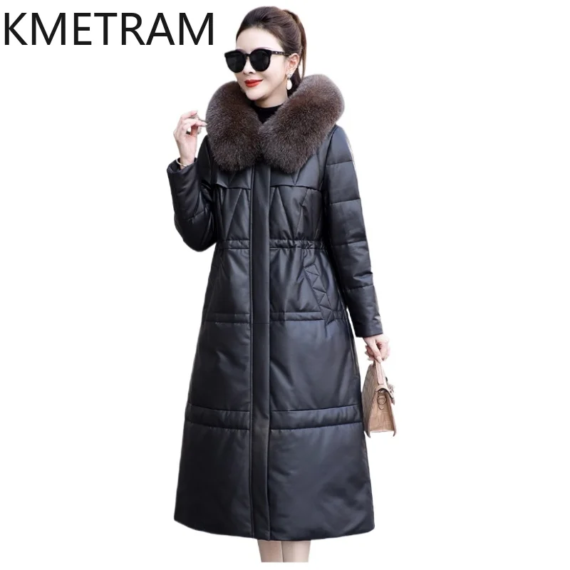KMETRAM 100% abrigo de piel de oveja de plumas de ganso con capucha chaqueta acolchada larga de cuero Real para mujer con cuello de piel de zorro ropa de invierno 2025