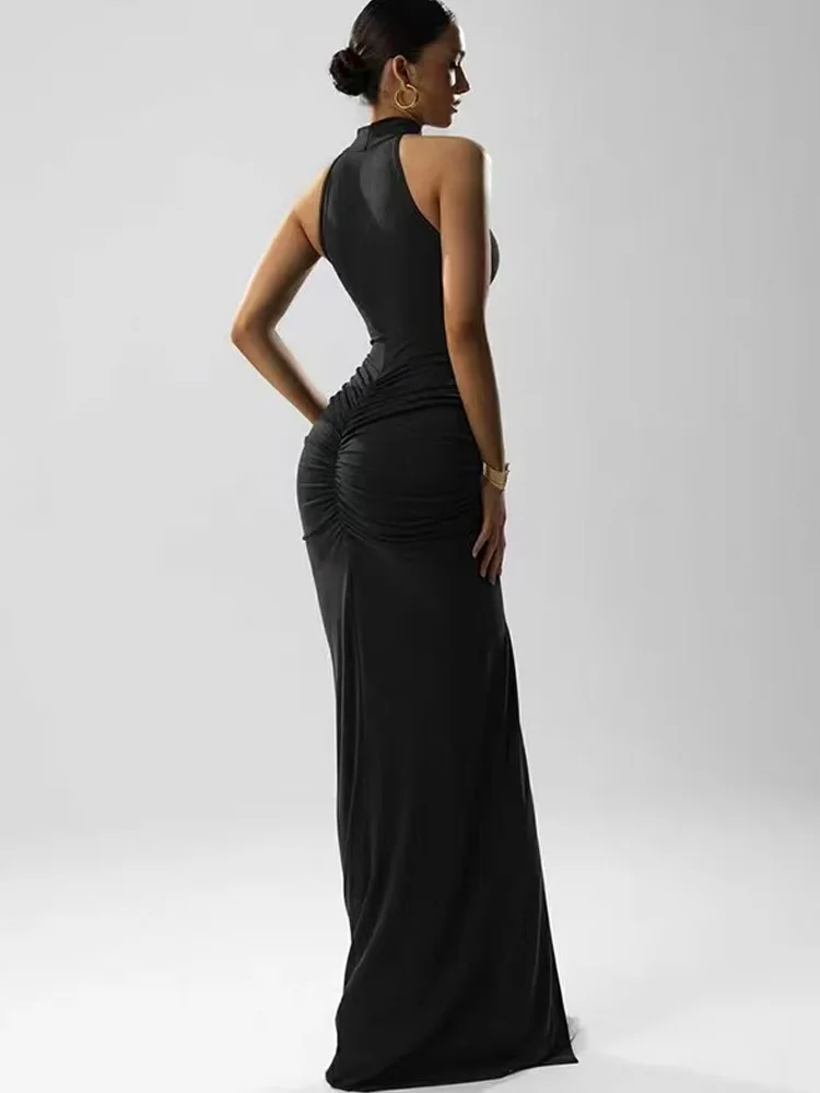 Nova moda sexy fenda sem mangas vestidos longos vermelho preto vestido feminino elegante chique vestido de festa à noite escritório senhora vestido robe