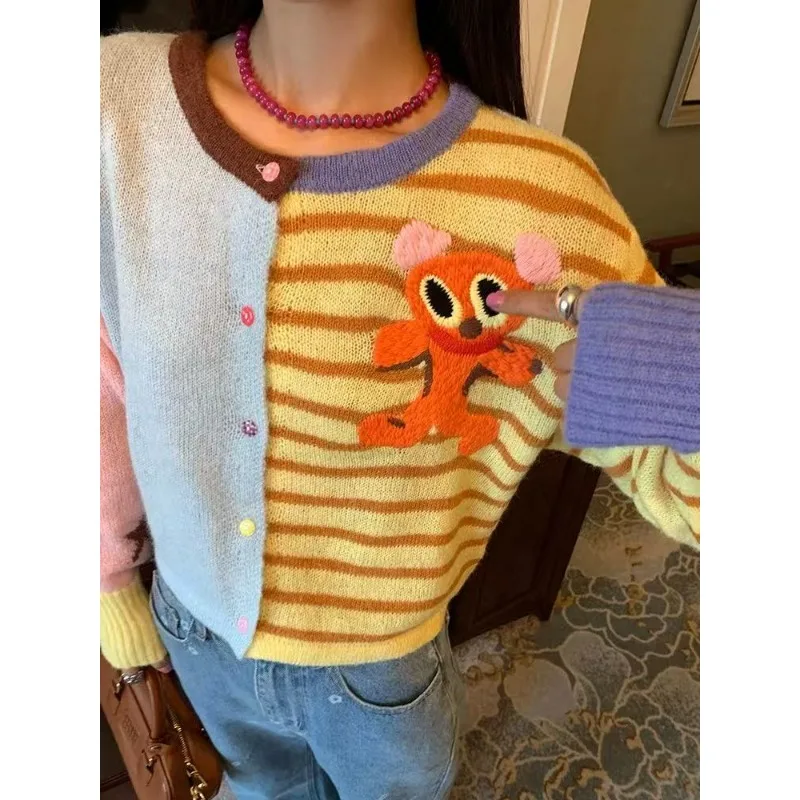 

Fashionable Cartoon Embroidery Women's Vintage Knitted Cardigan Autumn Winter New Slim O-neck Y2K Patchwork Sweaters
