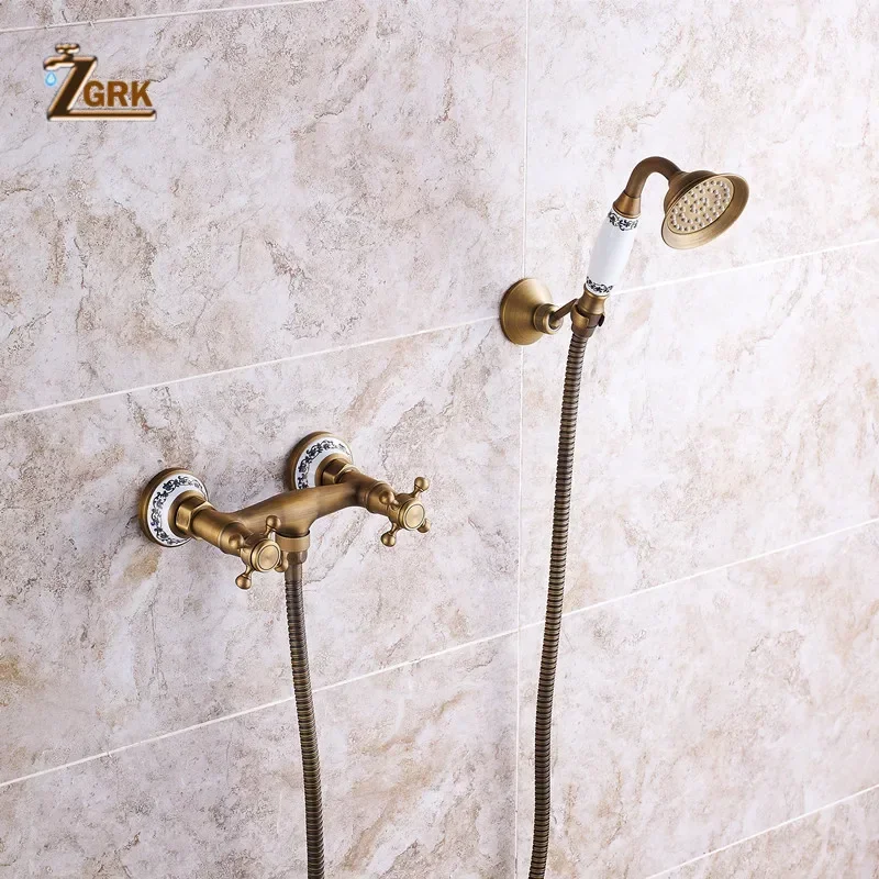 ZGRK Shower Faucets Brass Blue And White Bathtub Faucets Rain Shower HandHeld Bathroom Sanitary Wall Mount Shower Mixer Tap