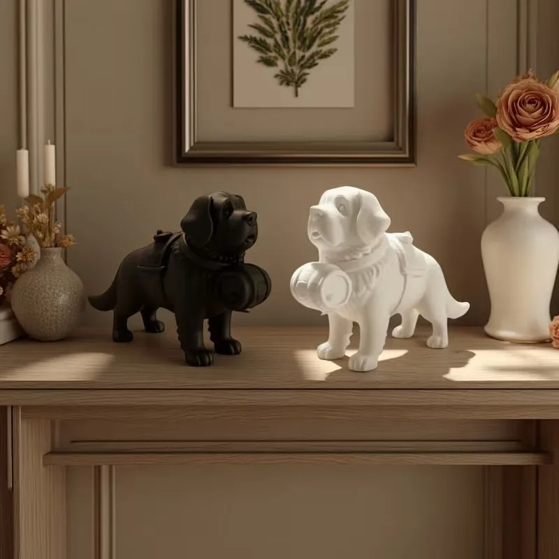 Dog Figurine 3D Printed Desk Decor Saint Bernard Sculpture Home Office Ornament Mini Black and White Colors Are Available.
