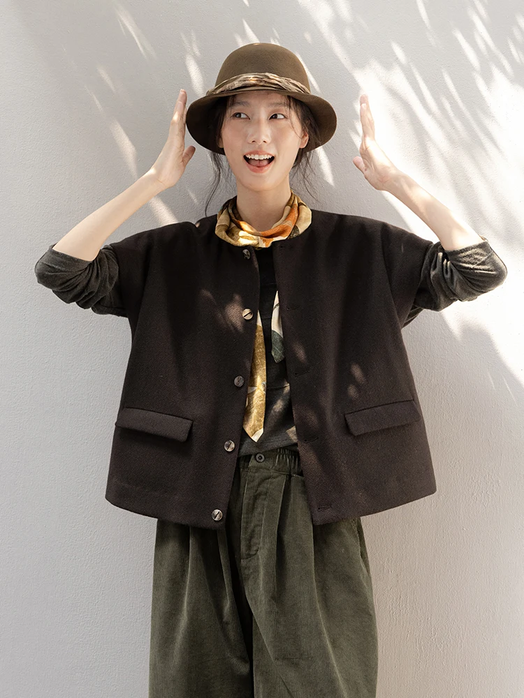 

New Le Collection 00 Woolen Deep Brown Casual Button-Up Vest Knitwear Outerwear Original Design round Ne Pure Color