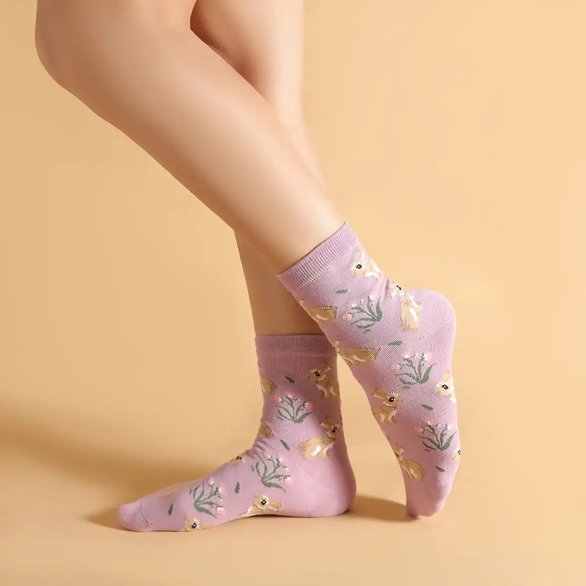 5 Pairs Women Cute Rabbit Floral Print Mid‑Calf Socks Purple Soft Cotton Breathable Sweet Casual Ladies Socks