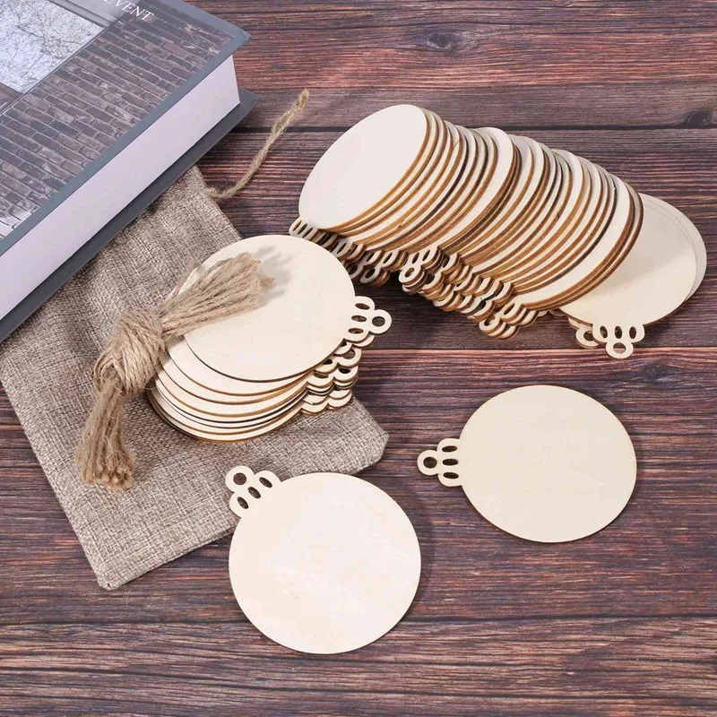 200Pcs DIY Craft Wooden Round Bauble With 200Pcs Twines To Paint, Unfinished Christmas Hanging Blank Discs Bulk Slices