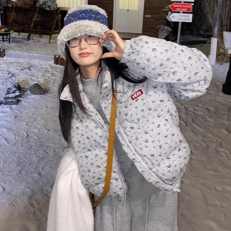 

Парки женские зимние укороченные пальто в корейском стиле с цветочным принтом теплые свободные утепленные бархатные универсальные повседневные привлекательные