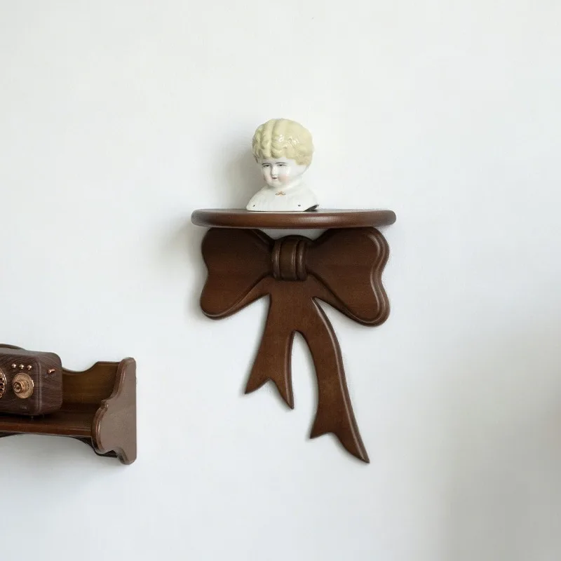 Retro walnut shelves, cute bow decoration wall-mounted storage living room room aromatherapy display shelves