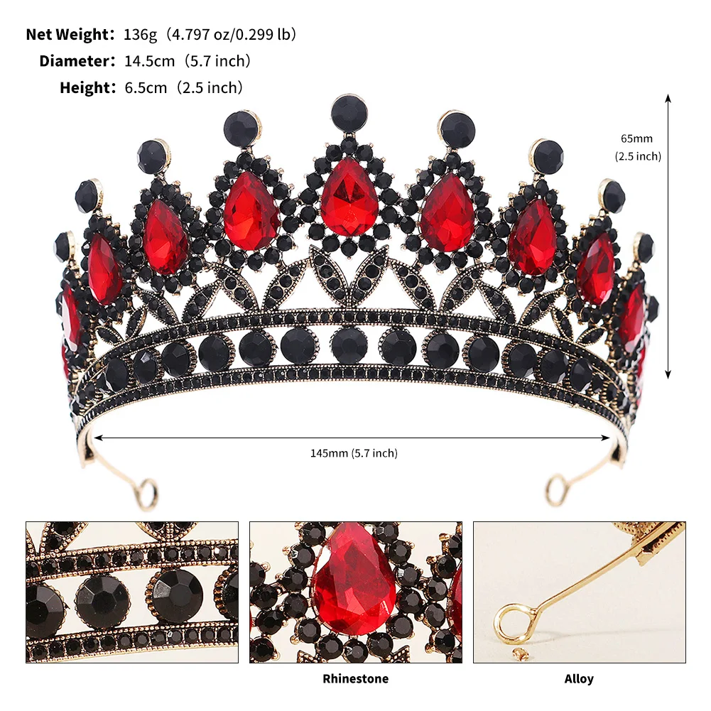 Halloween Vintage Prinzessin Königin Dunkle Krone Kopfbedeckung Kristall Tiara Für Frauen Rote Krone Haar Kleid Zubehör Schmuck – Detail 12