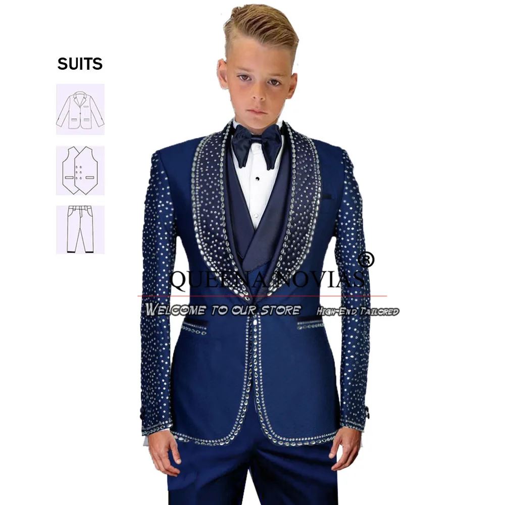 

Navy Blue Boy Suits For Wedding Tailored Made Crystals Beading Jacket Vest Pants 3 Pieces Children Formal Tuxedos Kids Clothing