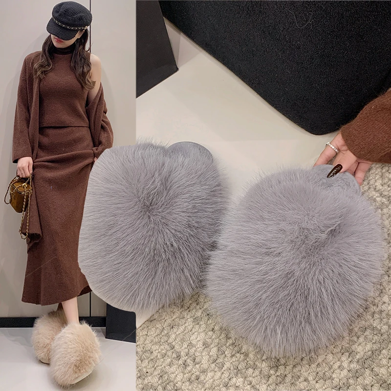 Faux Fur Fluffy Slippers For Women Indoor Street Slides Solid Color Warm Plush Girls Fashion House Shoes Anti-slip Big Size42-43