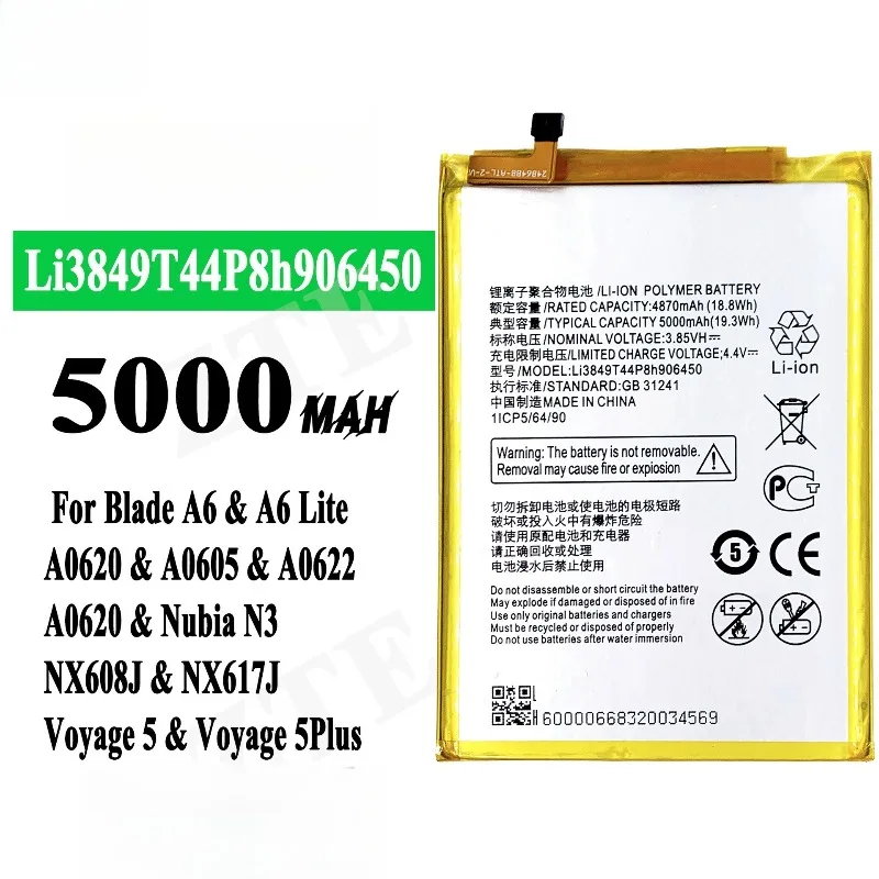 2026 High Quality Premium Replacement 6400Mah Mobile Phone Battery Li3849t44p8h906450 for Zte Blade A6 A6020 Lite A0622