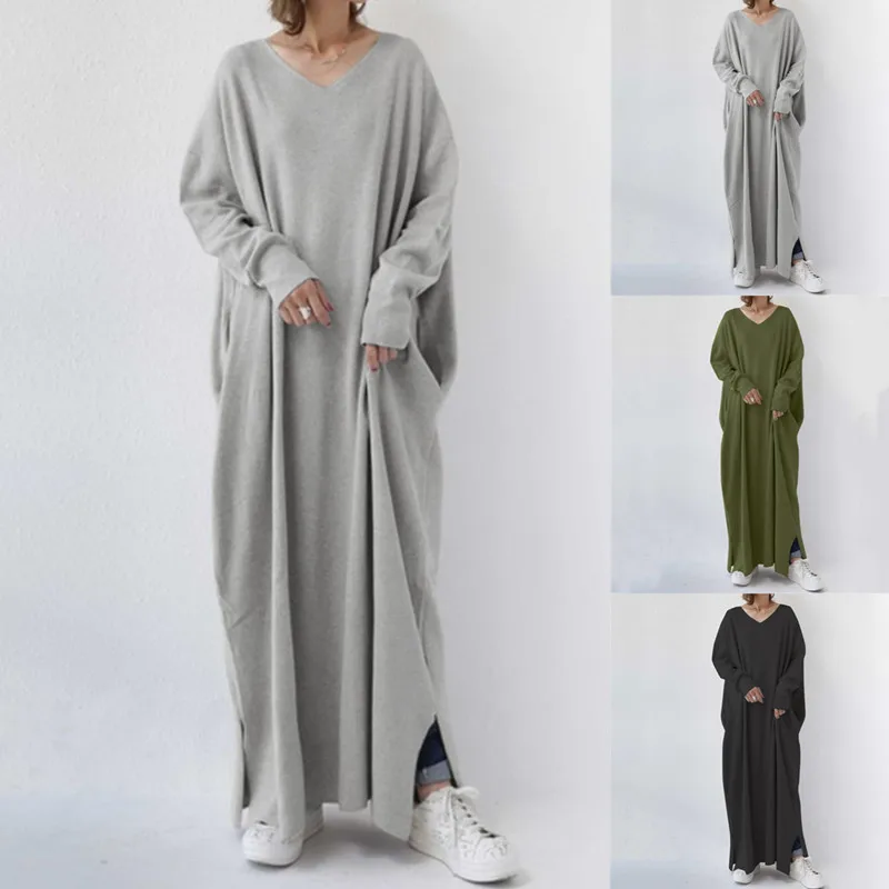 

2YKAutumn and winter comfortable loose casual women's clothing solid color long sleeved V-neck oversized swing hoodie long skirt