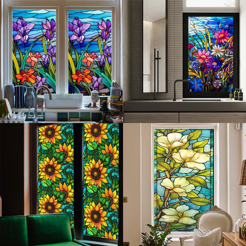 45*100cm Stained Colorful Tropical Plant Flower Ocean Sunrise Door Window Glass Static Stickers PVC Decor Film For Home Office