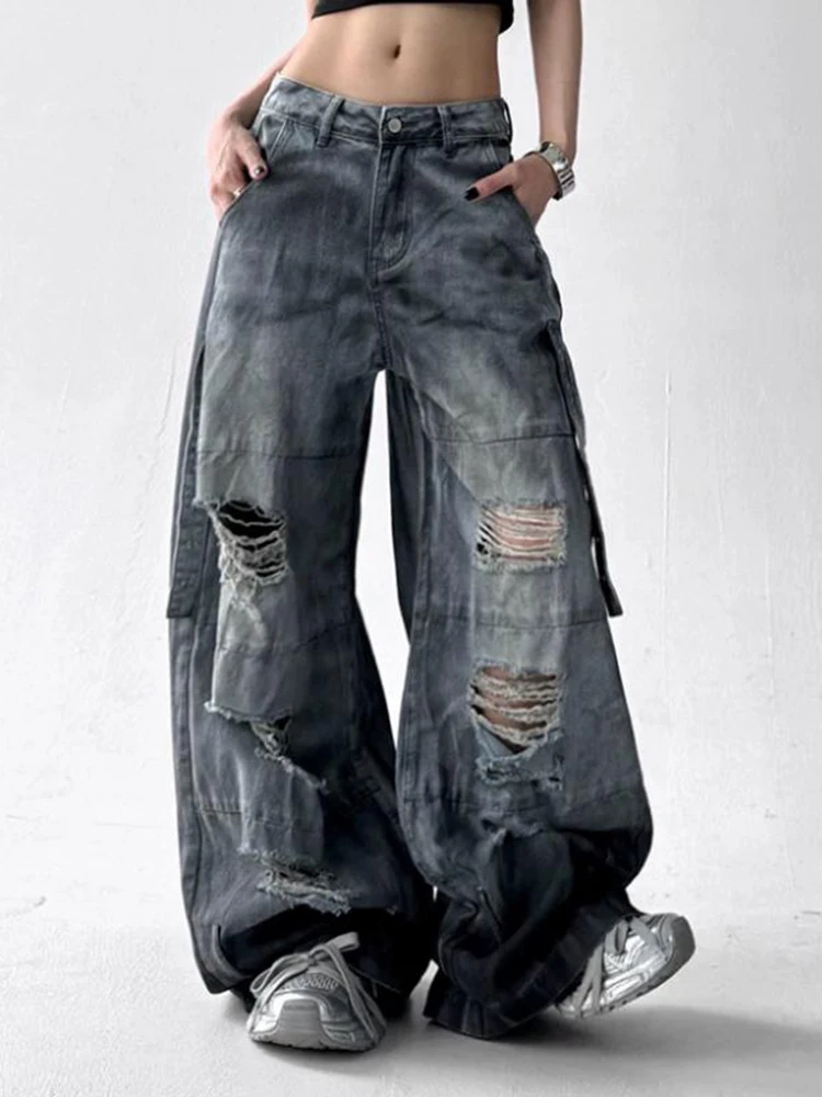 الصيف الجينز للنساء المتعثرة تعادل بنطال ذو قصة أرجل واسعة مهجورة التربة خمر ملابس العمل فضفاضة الرجعية سراويل جينز