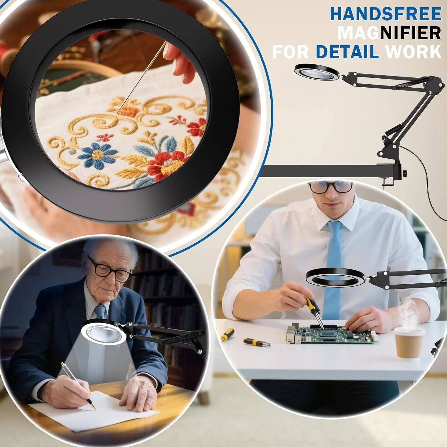 10X Magnifying Glass with 3 Color Modes LED Lighted Desk Lamp with Metal Clamp Flexible Gooseneck Magnifier for Reading Nail Art