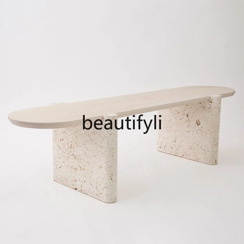 

smt1 Nordic natural travertine coffee table, solid wood wabi-sabi wind living room creative long oak low table