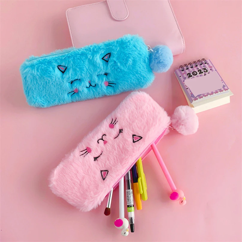 Cute Cat Pencil Case Plush Pencil Cases For Girls Trousse Scolaire Soft School Supplies Estuche Escolar Stationery Pencil Pouch