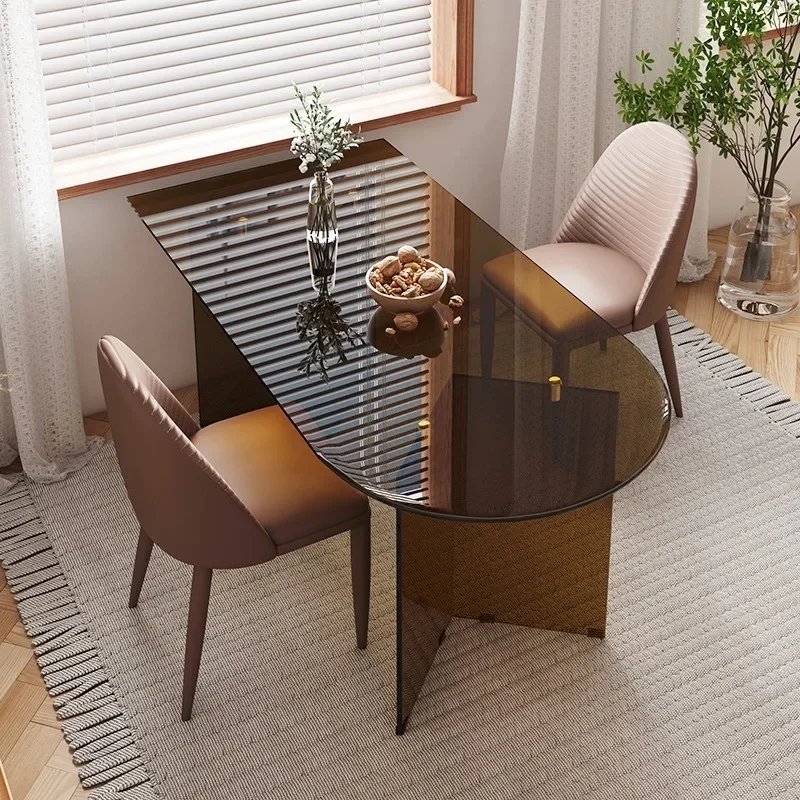 

Transparent peninsula table minimalist wabi wind wall tempered glass dining table size modern and simple