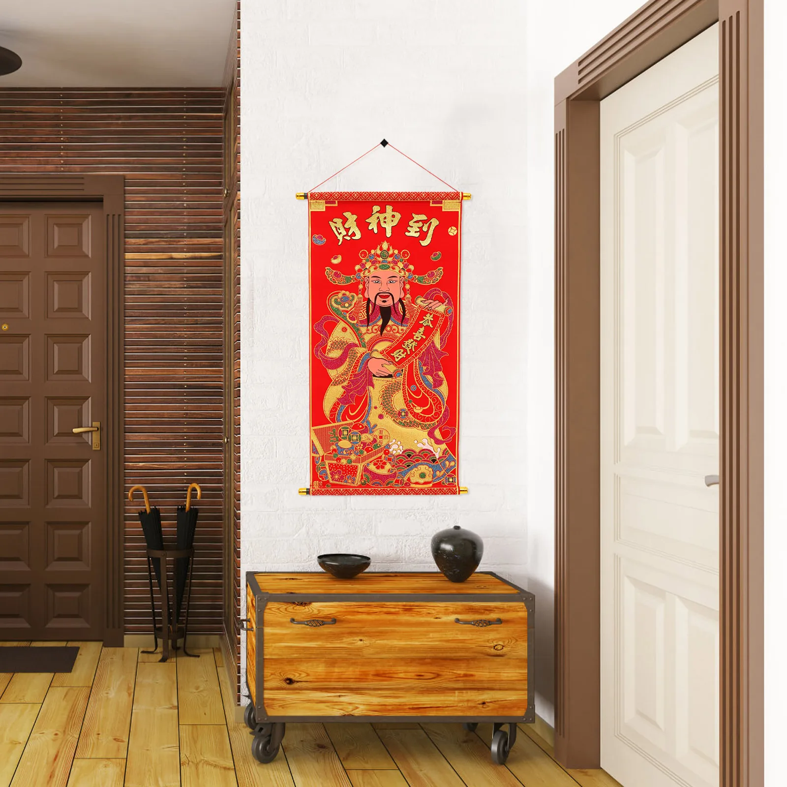

God of Wealth Painting 3D Flocking Cloth Hanging Picture Lucky Chinese Decoration New Year Party Wedding Birthday Ornament