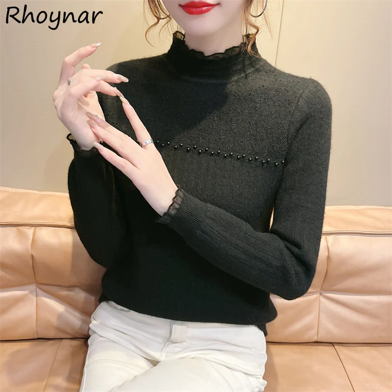 

Pullovers Women Plus Velvet Solid Spliced Lace All-match Streetwear Gentle Stylish Autumn Winter Underlay Vintage Tops Ulzzang