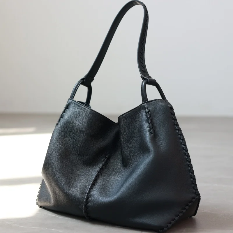 Women Luxury Genuine Leather Tote With Hand-woven Element Large Capacity Black Soft Shoulder Bag