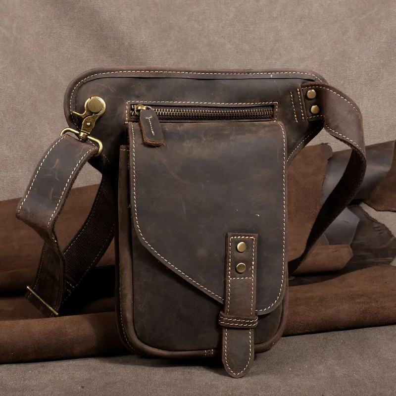 Leather retro motorcycle waist bag men's motorcycle diagonal cross crazy horse leather cowhide riding leg bag shoulder bag