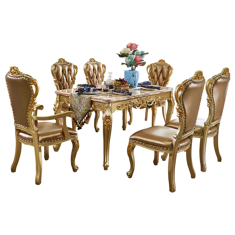 

Marble Solid Wood Dining Table Golden Carved Dining-Table Chair Combination