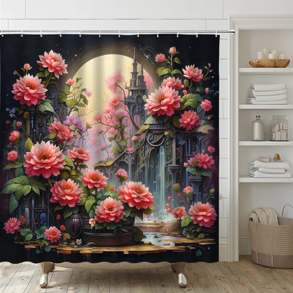 4Pcs Pink Blooming Flowers Bathroom Set with Shower Curtain Rug Bath Mat Toilet Cover Fantasy Castle Scenery Moon Bath Curtains