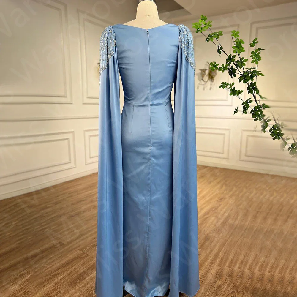 Vintage Sky Blue Evening Dresses with Cape Sleeves Prom Party Gowns 2024 Square Neck Sparkling Wedding Guest Gowns Glitter