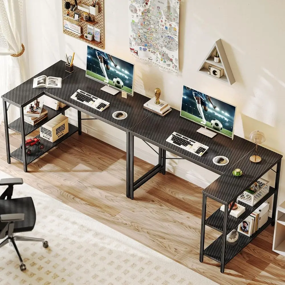 47 Carbon Fiber L-Shaped Desk with Reversible Shelves for Gaming and Home Office