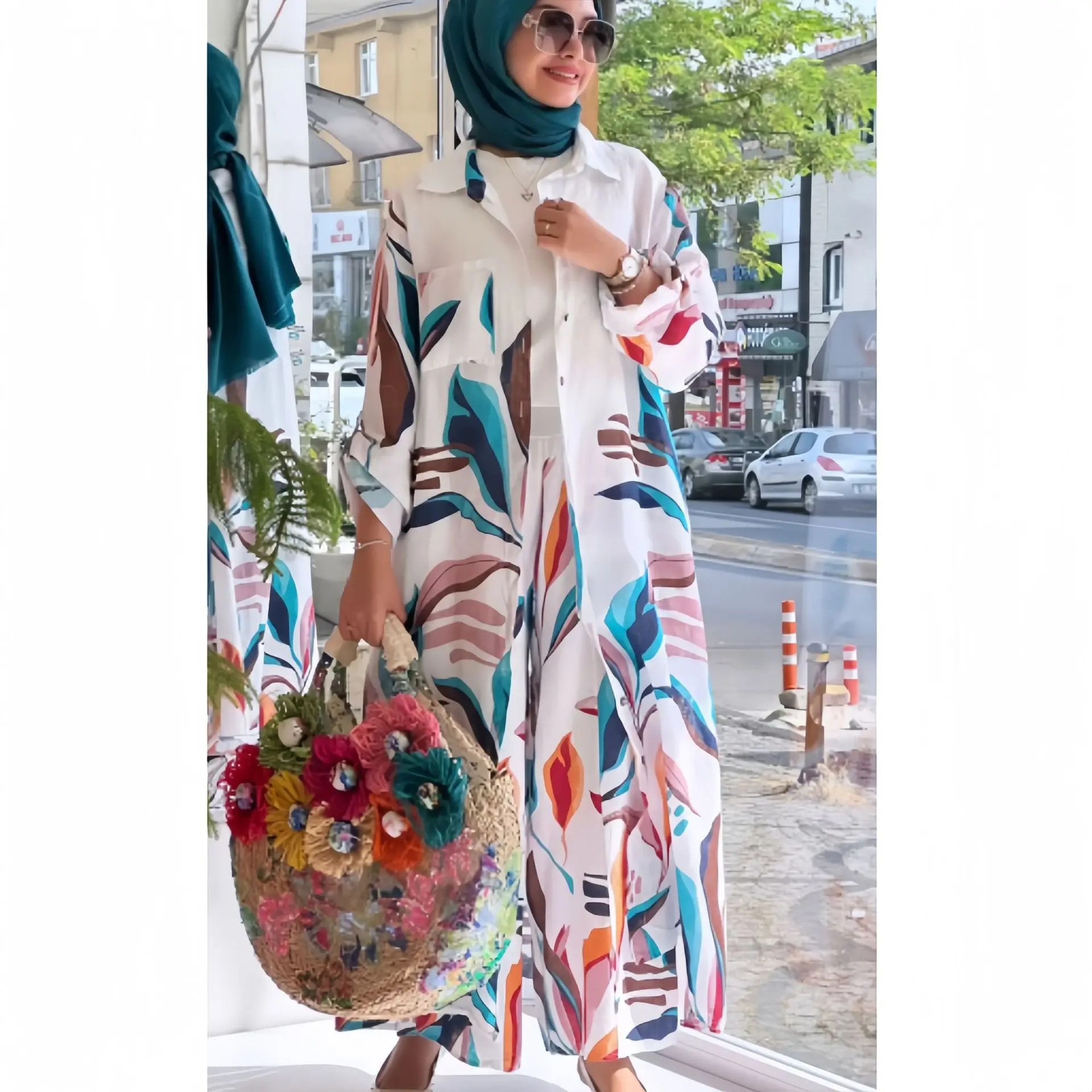 

Loose fashion printed long cardigan casual wide-leg pants two-piece set simple and versatile temperament elegant holiday style h