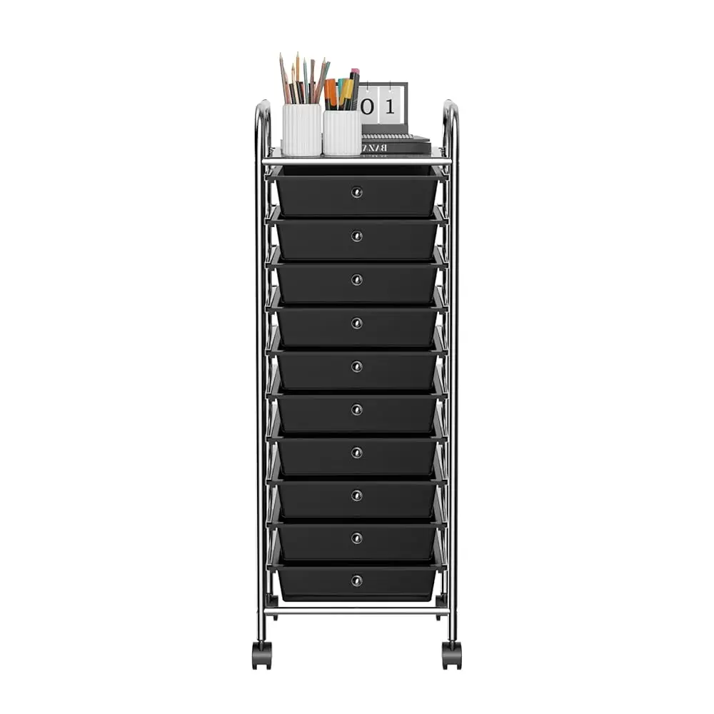 

Storage Cart, Rolling Utility Cart With 10 Drawers, Portable Handles & Lockable Wheels, Mobile Paper Toys Storage Organizer