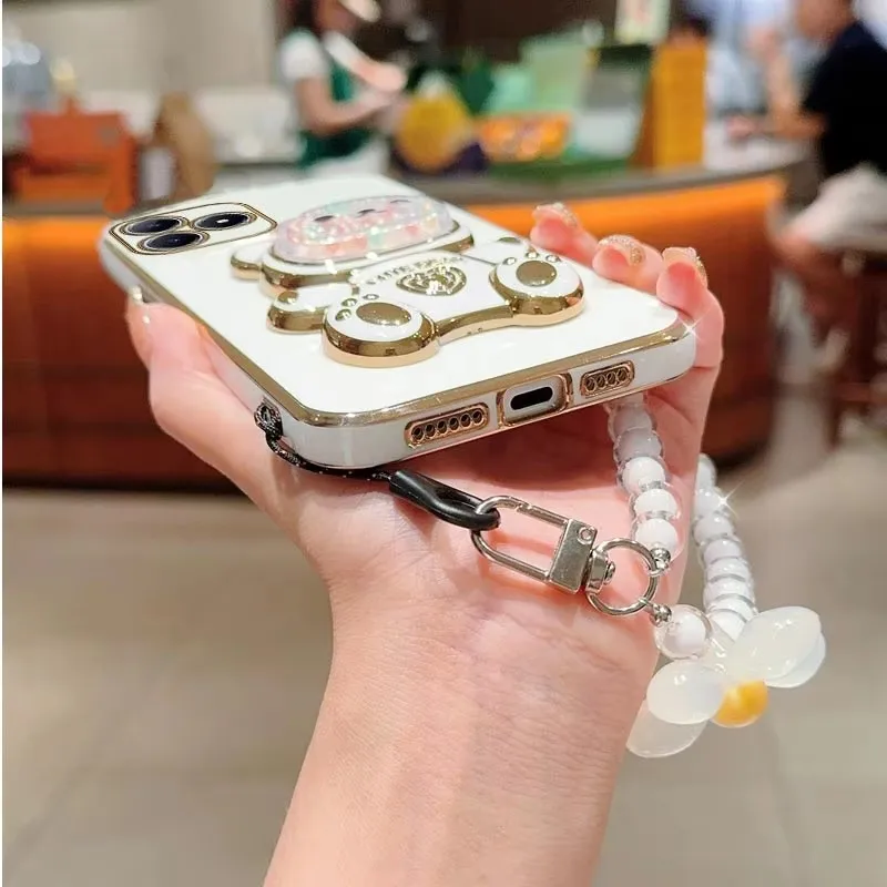 Casing HP Lanyard Motif Beruang Pasir Mewah Berlapis untuk iPhone 17 16 15 14 Plus 13 12 11 Pro Max X S XR 7 8 SE