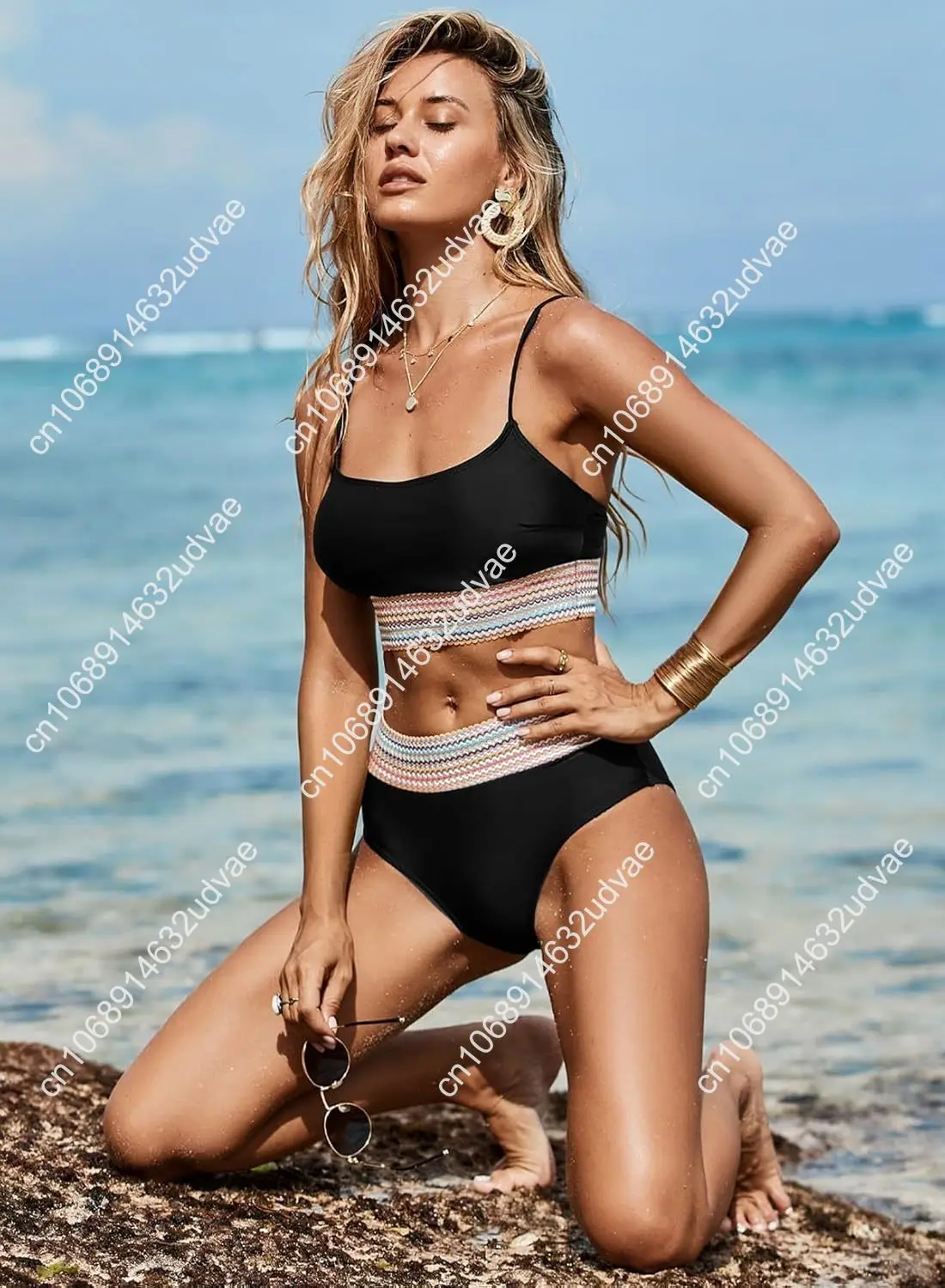 Set bikini da donna Colorblock Trim Costume da bagno 2 pezzi a vita alta con scollo rotondo e spalline regolabili