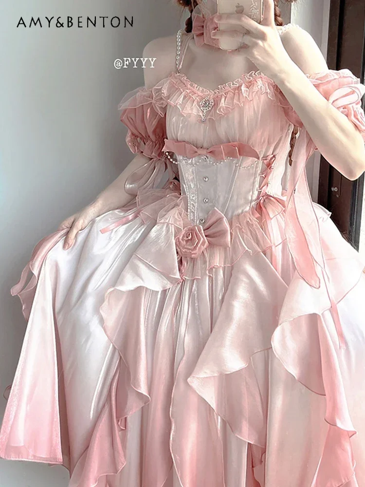 Lief Meisje Roze Prinsessenjurk Lolita Jurk Elegante Off-Shoulder Hoge Taille Slanke Gradiënt Kleur Sexy Jurk Verjaardag Jurken