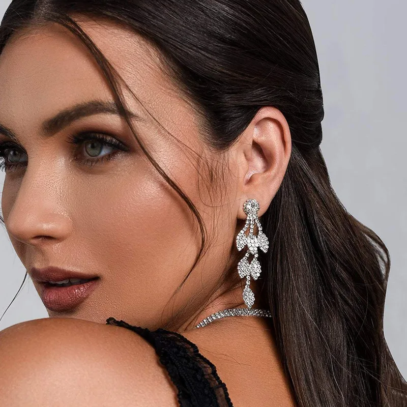 

Personality, trend, sparkle, leaf fringed necklace earrings set, fashion bridal wedding rhinestone accessories necklace
