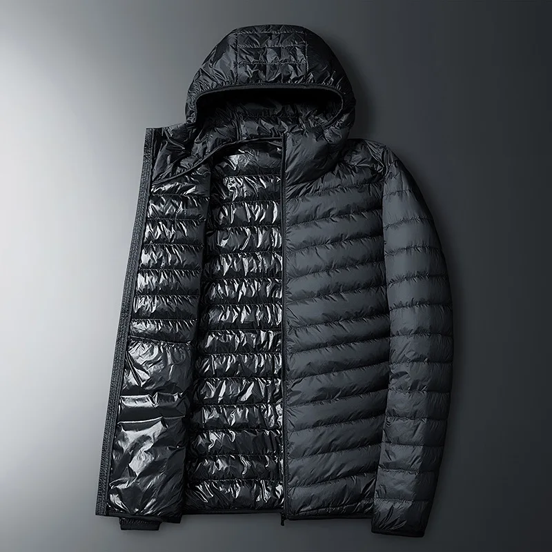 

New Lightweight Mens Down Jacket Hooded White Duck Down Coat For Winter Warm Solid Color Padded Jacket For Men Outdoor Parka