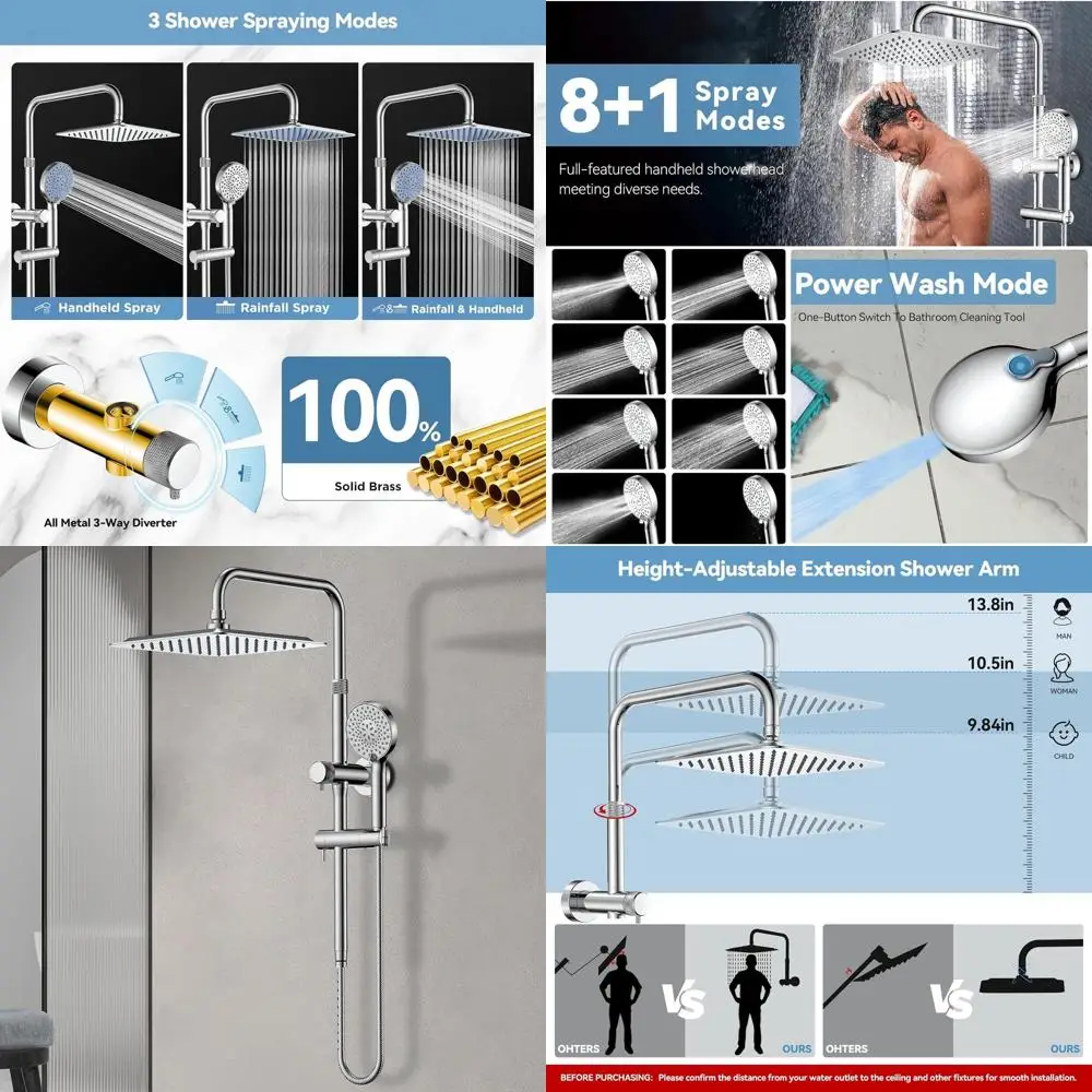 

10 дождевых душ высокого давления с 9-режимным ручным и регулируемым удлинителем из хрома