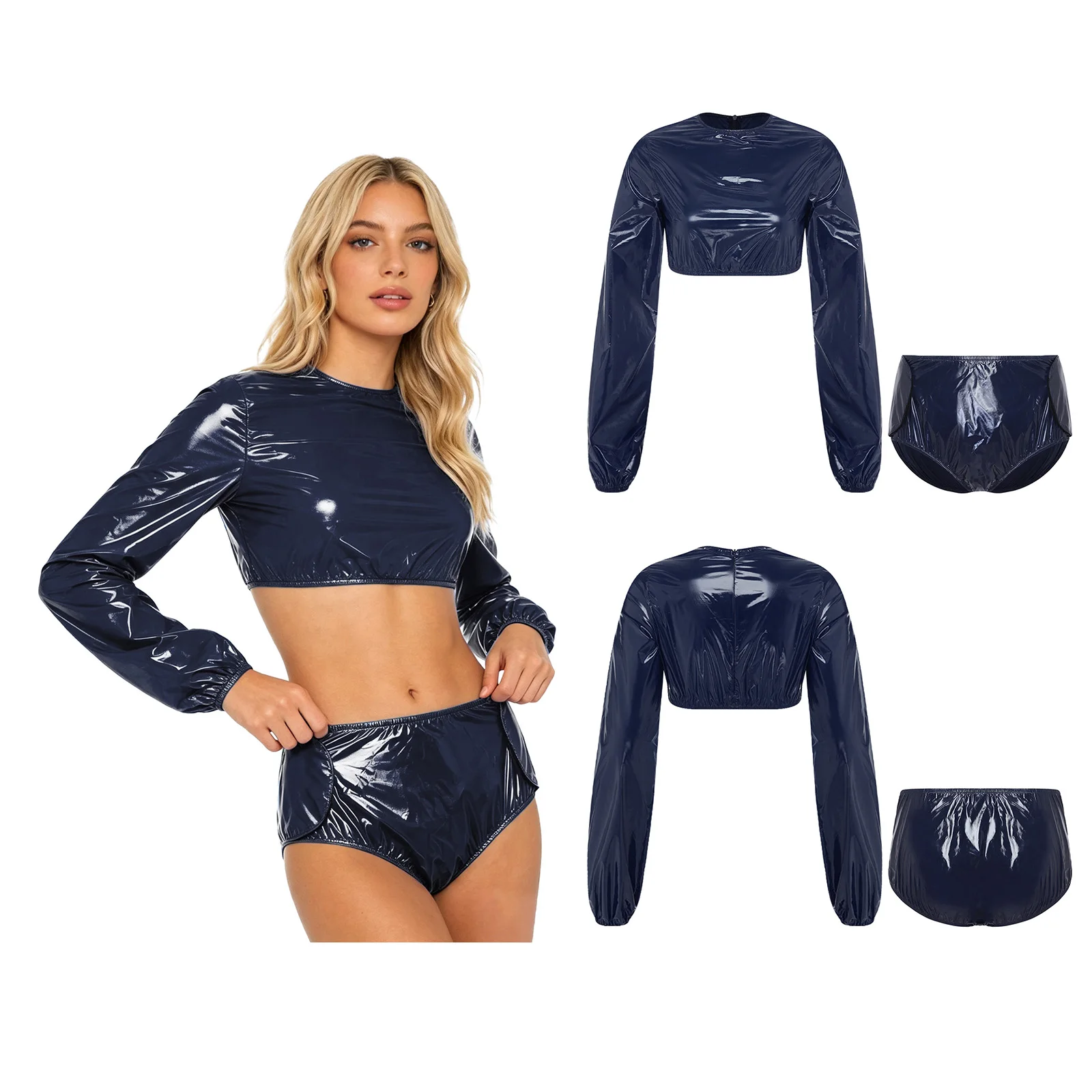 Women Waterproof Vinyl Nightwear Adaptive Outfit Long Sleeve Crop Top And Side Hook-loop Fastener Diaper Cover Shorts Sweat Set