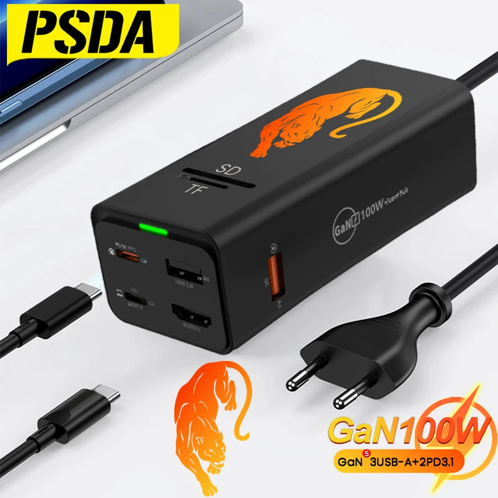 PSDA 3D 100W GaN USB Charger Type C PD Fast Charging QC 4.0 Desktop Charging Station With Power Strip For iPhone MacBook Samsung